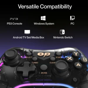 Ambrane Wireless Gaming Controller with Transparent Design, 2.4GHz Wireless Technology, Integrated Dual Intensity Motor, Illuminated Pad for PC – Windows, PS3 Console & Android TV(OP-WLGC01, Black)